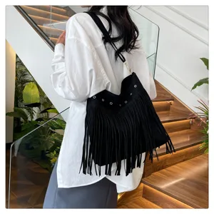 Korean style black fringe shoulder bag for women, large capacity casual crossbody hobo bag.
