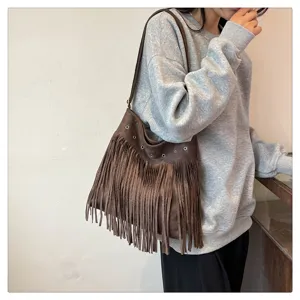 Women vintage brown suede fringe shoulder bag bohemian hobo crossbody handbag daily wear