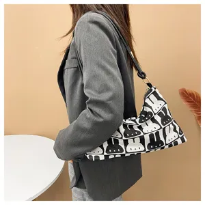 Canvas shoulder bag for women, Harajuku style black and white rabbit print underarm bag.
