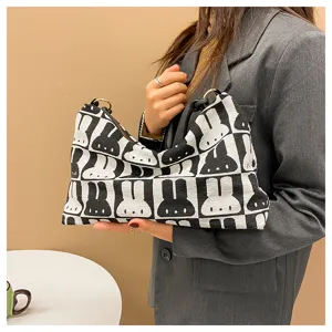Black and white rabbit pattern canvas shoulder bag, minimalist casual underarm bag for women.