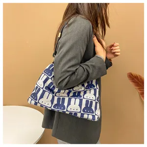 Canvas rabbit pattern shoulder bag, casual hobo underarm tote bag for daily fashion use.
