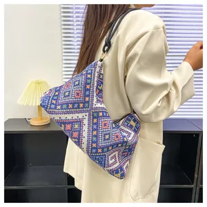 Ethnic style geometric woven canvas underarm shoulder bag for women casual daily commute.