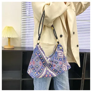 Ethnic geometric print canvas underarm bag casual stylish large capacity shoulder tote bag