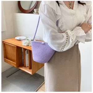 Chic light purple woven bucket bag, stylish casual shoulder bag for daily use!