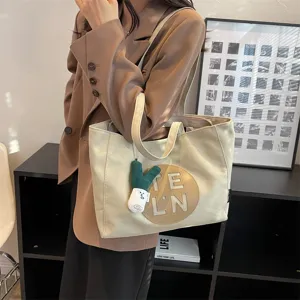 Large Capacity Canvas Tote Bag For Women Casual Washed Canvas Shoulder Handbag Solid Color Letter Print Shopping Bag