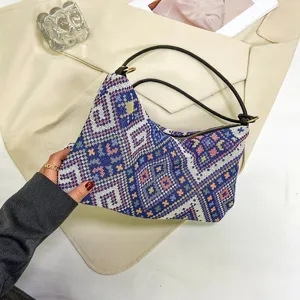 Ethnic geometric woven canvas hobo shoulder bag stylish retro underarm handbag for women