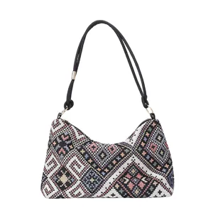 Woven underarm shoulder bag for women, vintage geometric pattern daily handbag tote.