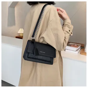 Black crocodile pattern shoulder bag detail, stylish chain strap and flap design for women.