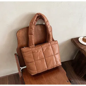 Brown quilted puffer tote bag winter chic shoulder bag casual daily handbag stylish