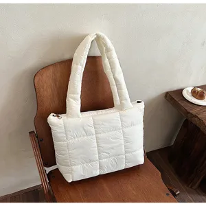 White quilted puffer tote bag for women, trendy winter down cotton casual shoulder underarm bag.