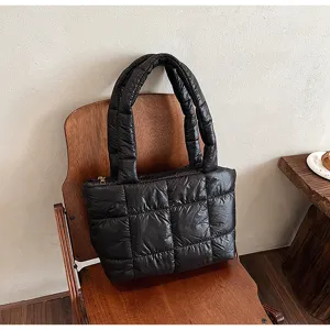 Black quilted puffer handbag winter stylish casual tote shoulder bag for women detail view