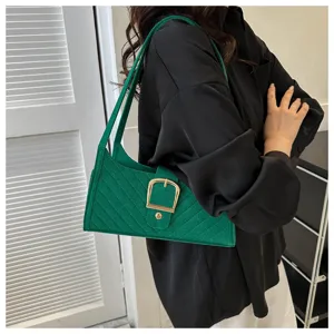 Borsa a tracolla verde in feltro da donna, elegante borsa a tinta unita con fibbia in metallo.