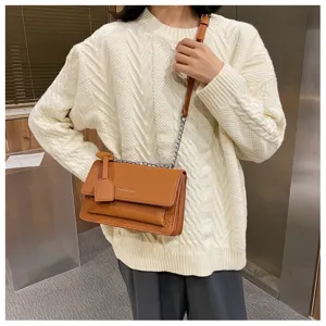 Women's stylish brown crocodile pattern shoulder bag casual chic crossbody chain bag
