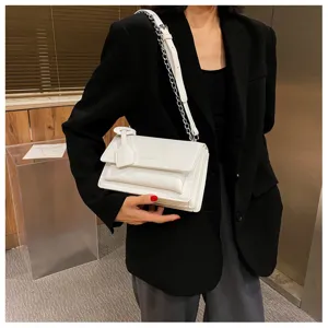 White crocodile textured crossbody bag with chain strap fashion PU leather shoulder bag