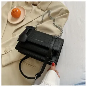 Black crocodile pattern shoulder bag with chain strap, stylish daily crossbody bag detail.