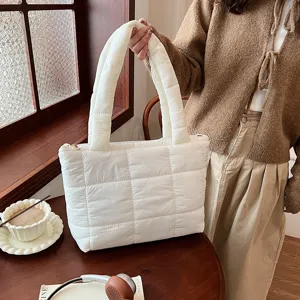 White quilted puffer tote bag for women, stylish winter down cotton shoulder and underarm bag.