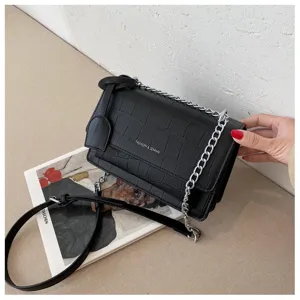 Black crocodile pattern chain crossbody bag, stylish women's shoulder bag with metal strap.