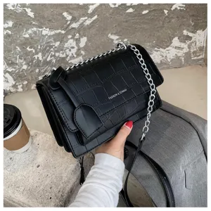 Chic women black stone pattern shoulder bag with metallic chain strap for casual daily wear