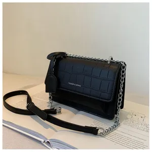 Stylish black stone pattern shoulder bag with metal chain strap for women casual daily wear.