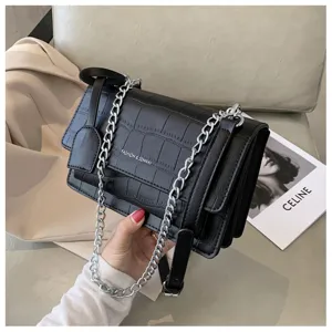 Black stone pattern chain shoulder bag for women, stylish casual crossbody small square bag.