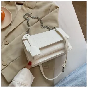 White croc-pattern shoulder bag with chain strap, chic minimalist crossbody bag for women.