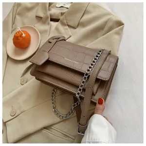 Women khaki crocodile pattern shoulder bag casual chain crossbody square bag detail view