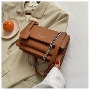 Womens crocodile pattern chain crossbody bag, stylish brown PU leather shoulder bag detail.