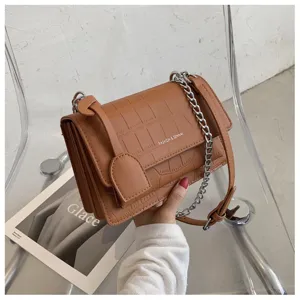 Brown crocodile pattern shoulder bag detail, stylish women crossbody chain bag view.