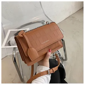 Brown crocodile pattern shoulder bag stylish women's crossbody small square bag with chain strap.