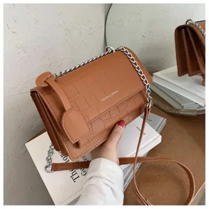 Brown crocodile pattern chain crossbody bag chic shoulder bag detail view for women