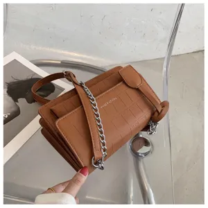 Brown stone pattern leather women shoulder bag detail, stylish chain strap and chic flap design.