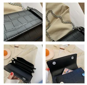 Black crocodile pattern chain shoulder bag, stylish casual crossbody bag for women.