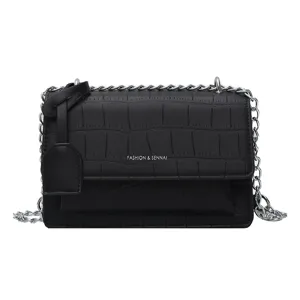 Black crocodile pattern crossbody chain bag women fashion small square shoulder handbag