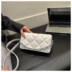 White quilted crossbody bag detail, featuring chunky chain strap and premium PU leather.