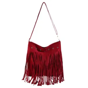 Red suede fringe shoulder bag, stylish casual crossbody bag for women with metal grommets.