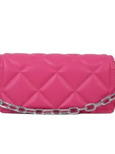 Women fashion pink quilted crossbody bag with stylish silver chain shoulder strap underarm bag