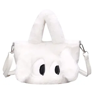 Graziosa borsetta in peluche bianco soffice per bambini, borsa a tracolla morbida con occhi.