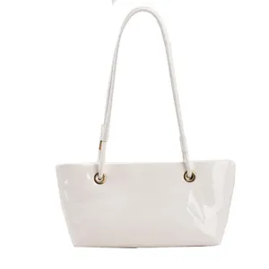 White patent leather shoulder bag minimalist underarm tote bag for women daily commute