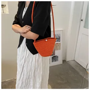 Orange woven bucket bag stylish shoulder crossbody knit purse casual daily handbag for women
