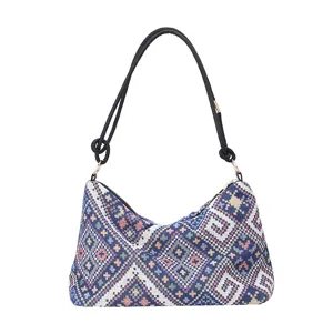 Stylish woven ethnic pattern shoulder bag for women, casual canvas underarm bag with zipper.