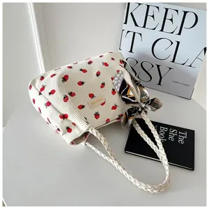 Sac cabas en velours côtelé fraise pour femme, joli sac porté épaule coréen avec écharpe.