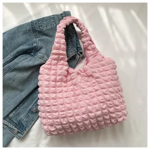 Pink crinkle shoulder bag puff underarm bag sweet fashion trendy daily casual tote bag cute style