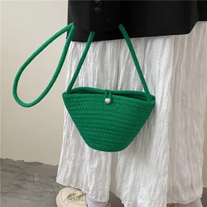 Woven Bucket Bag Women Small Mobile Phone Bag Straw Woven Crossbody Bag Cute Pearl Decorated Casual Daily Handbag