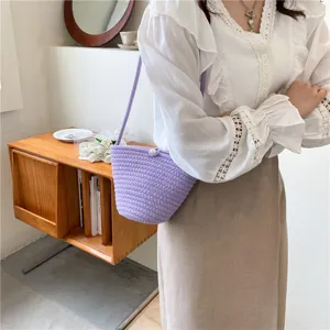 Trendy woven bucket bag for women cute knitted shoulder crossbody bag stylish casual purse