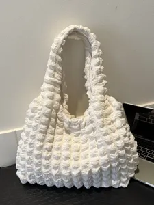 Women's Casual Large Capacity Pleated Shoulder Bag Soft Polyester Tote Bag Solid Color Underarm Bag Daily Purse