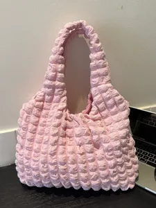 Pink pleated shoulder bag, puffy hobo tote, large capacity casual underarm bag for women.