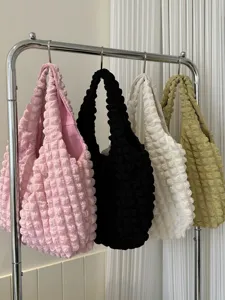 Korean style cream puff pleated shoulder bag, large capacity casual underarm tote bag for women.