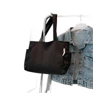 Black corduroy tote bag casual retro shoulder bag large capacity commuting underarm bag main view