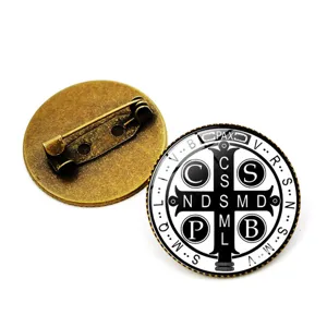 Saint Benedict medal brooch vintage alloy lapel pin Catholic religious badge accessory
