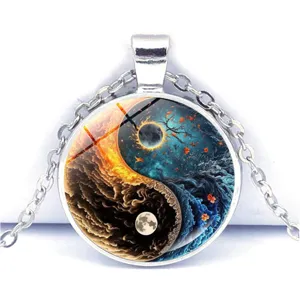 Yin Yang Glas Cabochon Anhänger Halskette stilvolle Fantasie Kunst Silber Metall Modeschmuck